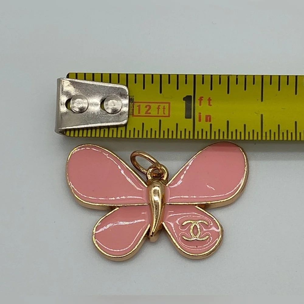CHANEL Pink Enamel Butterfly Charms Set of 2 Karl Lagerfeld Era Signed Gold Tone